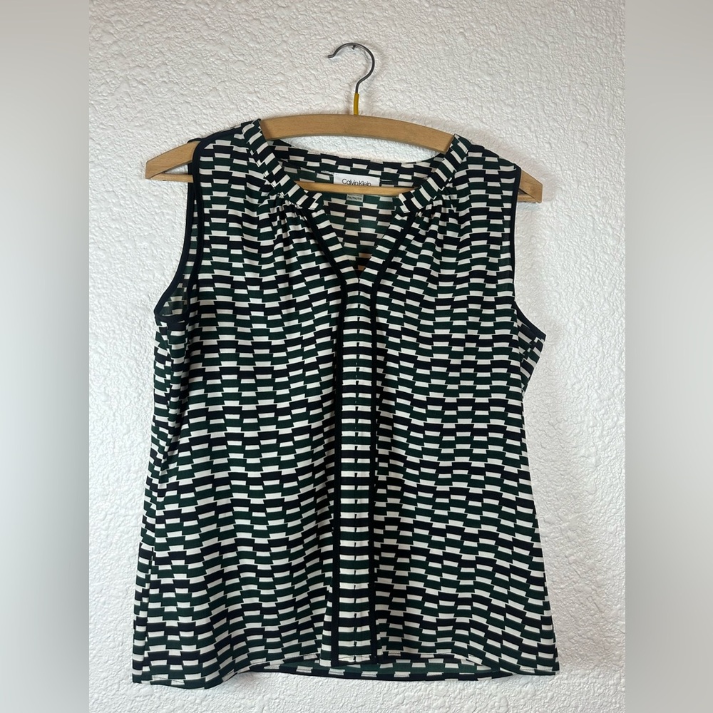 Calvin Klein Sleeveless Geometric Print Blouse PM Green Black White Career Top